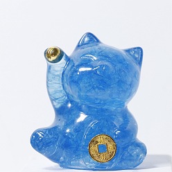 Aguamarina Adornos de exhibición artesanales de resina y chips de aguamarina natural teñidos, figura de gato de la suerte, para el hogar adorno de feng shui, 63x55x45 mm