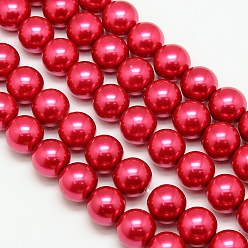Cerise Eco-Friendly Dyed Glass Pearl Round Beads Strands, Grade A, Cotton Cord Threaded, Cerise, 12mm, Hole: 0.7~1.1mm, about 34pcs/strand, 15 inch