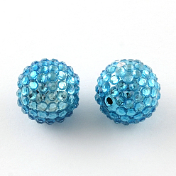 Bleu Ciel Foncé Strass résine transparente est diplômé perles, avec des perles rondes acrylique uv de placage à l'intérieur, bleu profond du ciel, 20mm, Trou: 2~2.5mm