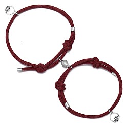 Round 2Pcs Magnetic Alloy Matching Charm Bracelets Set, Adjustable Couple Bracelets for Valentine's Day, Dark Red, Round, 11-3/4 inch(30cm)