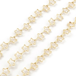 Real 18K Gold Plated Brass Hollow Out Star Link Chains, Unwelded, with Spool, Real 18K Gold Plated, 5x5x1mm