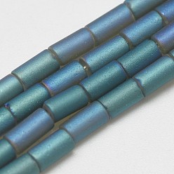 Light Sea Green Electroplate Glass Beads Strands, Rainbow Plated, Frosted, Tube, Light Sea Green, 4~5x2~3mm, Hole: 0.5mm, about 100pcs/strand, 19.68 inch