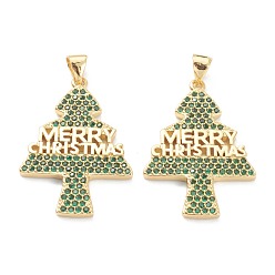 Vert Micro cuivres ouvrent pendentifs zircone cubique, plaqué longue durée, réel 18 k plaqué or, arbre de Noël avec mot joyeux noël, verte, 30x21x2mm, Trou: 5x3.3mm
