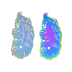 Rainbow Color Ion Plating(IP) 304 Stainless Steel Filigree Big Pendants, Etched Metal Embellishments, Feather, Rainbow Color, 60x27x0.3mm, Hole: 1.6mm