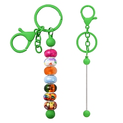 Lime Green Baking Painted Alloy and Brass Bar Beadable Keychain for Jewelry Making DIY Crafts, with Lobster Clasps, Lime Green, 15.8x2.4cm