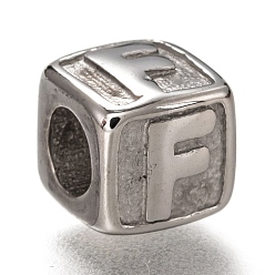 Letter F 304 de acero inoxidable de cuentas europeo, abalorios de grande agujero, agujero horizontal, cubo con la letra, color acero inoxidable, letter.f, 8x8x8 mm, agujero: 4.5 mm