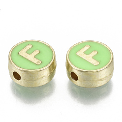 Letter F Alloy Enamel Beads, Cadmium Free & Nickel Free & Lead Free, Flat Round with Initial Letters, Light Gold, Letter.F, 8x4mm, Hole: 1.5mm