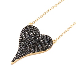 Black Brass Micro Pave Cubic Zirconia Heart Pendant Necklaces, with Lobster Claw Clasps, Long-Lasting Plated, Real 18k Gold Plated, Black, 16-1/4 inch(41.4cm)