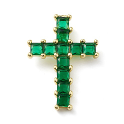 Dark Green Rack Plating Brass Pendant, with Glass, Lead Free & Cadmium Free, Cross Charms, Real 18K Gold Plated, Dark Green, 31.5x23x4~7.5mm, Hole: 5x2.5mm