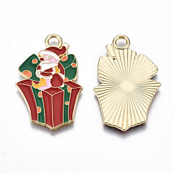 Red Eco-Friendly Alloy Enamel Pendants, Cadmium Free & Lead Free & Nickel Free, for Christmas, Gift Box with Santa Claus, Light Gold, Red, 33x21x1mm, Hole: 3mm