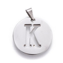Letter K 201 Stainless Steel Pendants, Flat Round with Letter, Stainless Steel Color, Letter.K, 24.5x19.7x1.3mm, Hole: 4x3mm