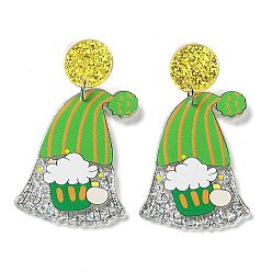Yellow Green Saint Patrick's Day Sparkling Acrylic Dangle Stud Earrings, Gnome, Yellow Green, 60x30mm
