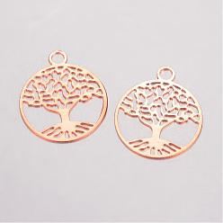Rose Gold Brass Filigree Pendants, Flat Round with Tree of Life, Rose Gold, 23.5x20x0.5mm, Hole: 3mm