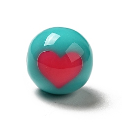Dark Turquoise Two Tone Opaque Acrylic Beads, Round with Heart, Dark Turquoise, 11.5mm, Hole: 2.2mm, about 526pcs/500g