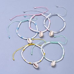 Couleur Mélangete Perle de rocaille réglable en verre tressé, bracelets de charme, avec pendentifs en cauris et fil de nylon tressé, couleur mixte, 2-1/8 pouce (5.4 cm)