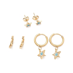 Golden 3 Pairs 3 Style Synthetic Shell Star with Enamel Evil Eye Dangle Hoop Earrings, Ion Plating(IP) 304 Stainless Steel Stud Earrings for Women, Golden, 7.5~27mm, Pin: 1mm, 1 Pair/style