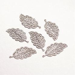 Stainless Steel Color 316 Surgical Stainless Steel Pendants, Leaf, Stainless Steel Color, 33.5x17x0.5mm, Hole: 1mm