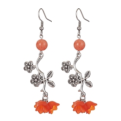 Coral Natural Dyed Mashan Jade Flower with Acrylic Beaded Dangle Earrings, 304 Stainless Steel Long Drop Earrings, Coral, 73x22mm