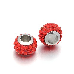 Hyacinth Rondelle 304 Stainless Steel Polymer Clay Rhinestone European Beads, Large Hole Beads, Stainless Steel Color Core, Hyacinth, 11x7.5mm, Hole: 5mm