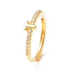 Letter T Clear Cubic Zirconia Initial Letter Adjustable Ring, Golden Brass Jewelry for Women, Letter.T, Inner Diameter: 18mm