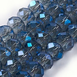Синий Стеклянные бусины с гальваническим покрытием , граненые, шайба, синие, 10x8 мм, отверстие : 1 мм, около 63~65 шт / нитка, 19.2~20 дюйм (48~50 см)