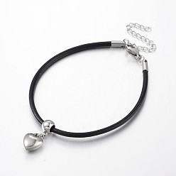 Stainless Steel Color Heart 304 Stainless Steel Charm Bracelets, with Cowhide Leather Cord, Stainless Steel Color, 185x2.5mm