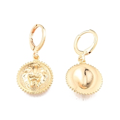 Real 18K Gold Plated Brass Lion Dangle Leverback Earrings for Women, Cadmium Free & Nickel Free & Lead Free, Real 18K Gold Plated, 31.5mm, Pin: 1mm