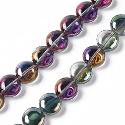 Coloré Perles en verre electroplate, plein arc-en-plaqué, plat rond, colorées, 12~12.5x6.5mm, Trou: 1mm, Environ 50 pcs/chapelet, 23.62 pouce (60 cm)