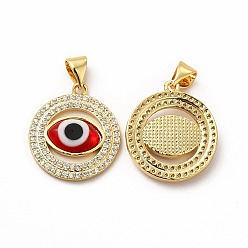 Red Rack Plating Real 18K Gold Plated Brass Micro Pave Clear Cubic Zirconia Pendants, with Handmade Lampwork, Cadmium Free & Lead Free, Long-Lasting, Flat Round with Evil Eye, Red, 20x17.5x3.5mm, Hole: 5.5x4mm