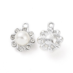 Platinum Alloy Rhinestone Pendants, with ABS Imitation Pearl Beaded, Flower Charms, Platinum, 20.5x17.5x11.5mm, Hole: 1.5mm