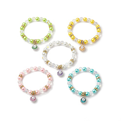 Mixed Color Alloy Enamel Shell Charms Stretch Bracelet, Glass Pearl Beaded Adjustable Bracelet for Kids, Mixed Color, Inner Diameter: 1-7/8 inch(4.8cm)