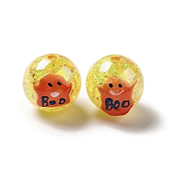 Gold AB Color Transparent Crackle Acrylic Round Beads, Halloween Ghost Beads, with Enamel, Gold, 19.5x20.5mm, Hole: 3mm