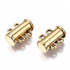 Golden 2-Strands Brass Magnetic Slide Lock Clasps, 4-Hole, Tube, Golden, 15x10.5x6.5mm, Hole: 1.5mm
