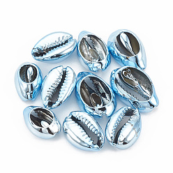 Deep Sky Blue Electroplated Sea Shell Beads, Undrilled/No Hole Beads, Cowrie Shells, Deep Sky Blue, 17~21x11~14x6~8mm