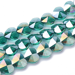 Vert De Mer Clair Perles en verre electroplate, de couleur plaquée ab , facette, cœur, vert de mer clair, 10x10x6.5mm, Trou: 1mm