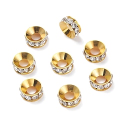 Golden Brass Rhinestone Spacer Beads, Rondelle, White, Golden Color, about 8mm in diameter, 3mm thick, hole: 4mm
