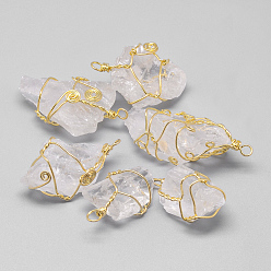 Doré  Pendentifs en cristal de quartz naturel brut brut, pendentifs en cristal de roche, avec les accessoires en laiton, nuggets, or, 30~77x18~28x10~25mm, Trou: 3mm