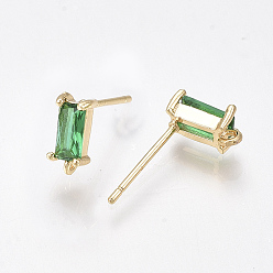 Green Brass Stud Earring Findings, Cubic Zirconia and Loop, Nickel Free, Real 18K Gold Plated, Rectangle, Green, 8.5x4mm, Hole: 0.8mm, Pin: 0.8mm