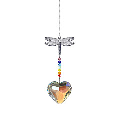 Cœur Cristal lustre suncatchers prismes chakra pendentif suspendu, avec des chaînes de câble de fer, pendentif perles de verre et laiton libellule, motif de coeur, 350mm, cœur: 48x48 mm, libellule: 45x60 mm