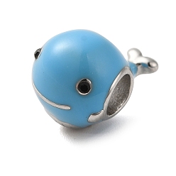 Stainless Steel Color 304 Stainless Steel Enamel European Beads, with Rhinestone, Large Hole Beads, Dolphin, Stainless Steel Color, 14x10.5x10.5mm, Hole: 4.5mm