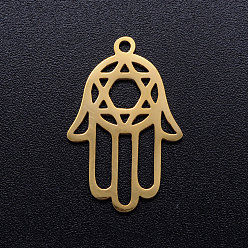Golden 201 Stainless Steel Pendants, for Jewish, Hand/Hand of Fatima/Hand of Miriam with Star of David, Golden, 23x15x1mm, Hole: 1.4mm