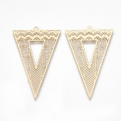Light Gold Brass Pendants, Etched Metal Embellishments, Triangle, Light Gold, 42x26x0.3mm, Hole: 1.5mm