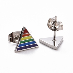 Stainless Steel Color Pride Style 201 Stainless Steel Stud Earrings, with Enamel and Alloy Ear Nuts, Triangle, Colorful, Stainless Steel Color, 8x9.5mm, Pin: 0.7mm