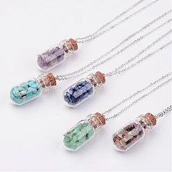 Mixed Stone Glass Bottle Pendant Necklaces, with Mixed Stone Chip Beads and Brass Chain, Platinum, 17.9 inch