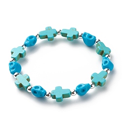 Turquoise Synthetic Turquoise(Dyed) Cross & Skull Beaded Stretch Bracelet, Halloween Gemstone Jewelry for Kids, Turquoise(Dyed), Inner Diameter: 1-7/8 inch(4.8cm)