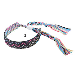 Black Cotton Braided Wave Pattern Cord Bracelet, Ethnic Tribal Adjustable Brazilian Bracelet for Women, Black, 5-1/2~10-5/8 inch(14~27cm)