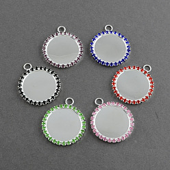 Mixed Color Brass Rhinestone Pendant Cabochon Settings, Picture Memory Frame Pendants, Flat Round, Silver Color Plated Metal Color, Mixed Color, Tray: 25mm, 37x31.5x3mm, Hole: 4mm