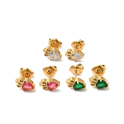Mixed Color Rhinestone Heart with Crown Stud Earrings, Real 14K Gold Plated 304 Stainless Steel Jewelry for Women, Mixed Color, 9.5x6.5mm, Pin: 0.8mm