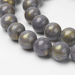 Gris Brins de perles de jade mashan naturelles , avec de la poudre d'or, teint, ronde, grises , 6mm, Trou: 1mm, Environ 62 pcs/chapelet, 16 pouce