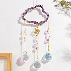 Amethyst Natural Amethyst Copper Wire Wrapped Cloud Hanging Ornaments, Teardrop Glass Tassel Suncatchers for Home Outdoor Decoration, 420mm